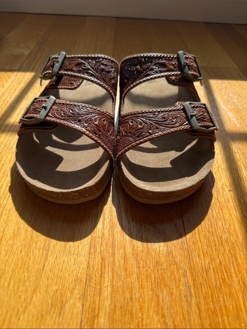 Women’s Brown Leather-Style Double Buckle Sandals